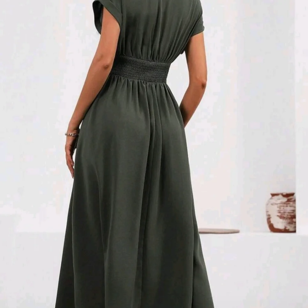 SHEIN Olive Green Midi Dress V Neck Womens Medium - Picture 2 of 6